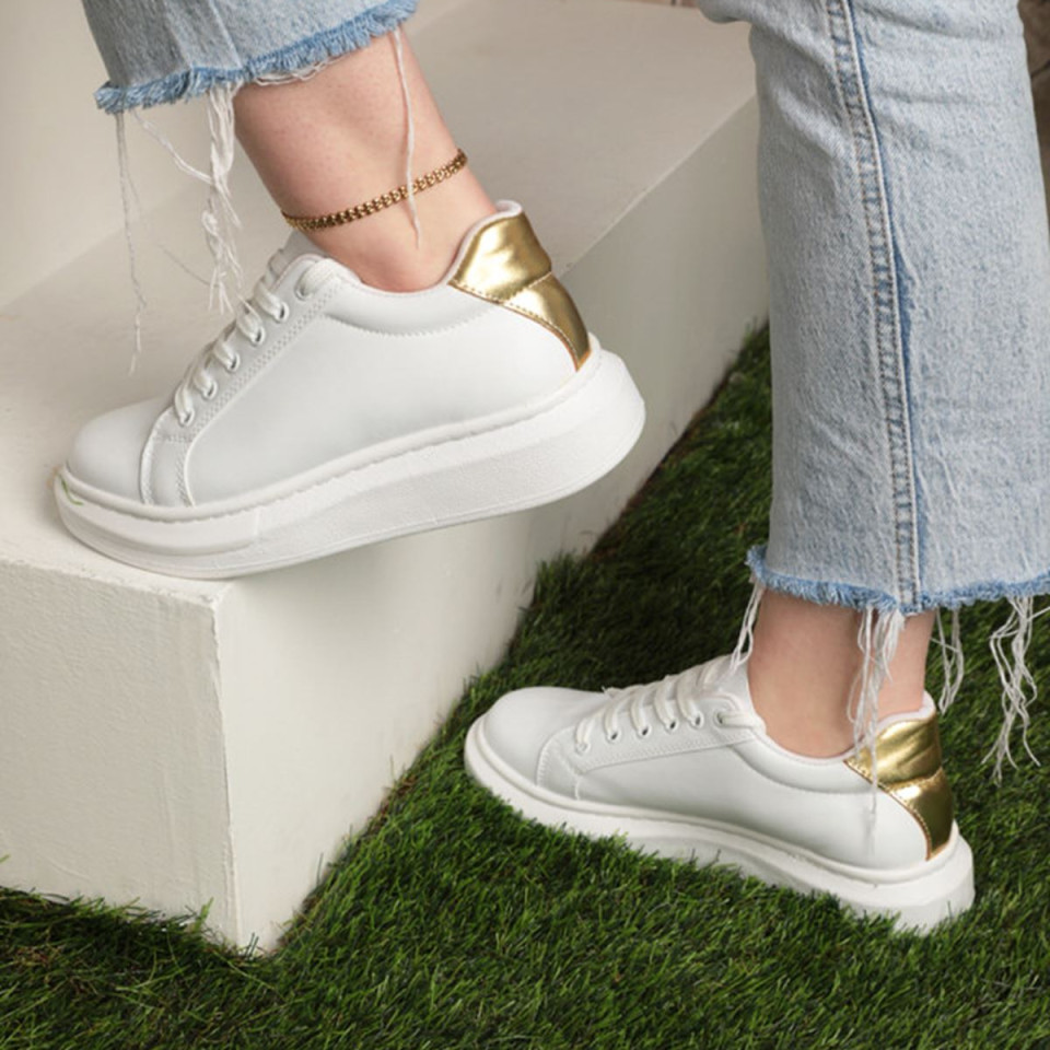 Renk Detaylı Sneakers Kadın Spor Ayakkabı-Beyaz-Gold
