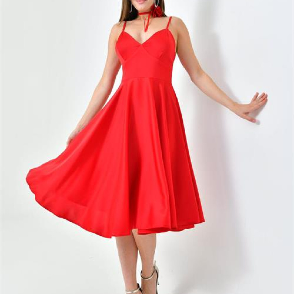 Mode Roy kadın saten askılı gül detaylı abiye elbise NBS9353