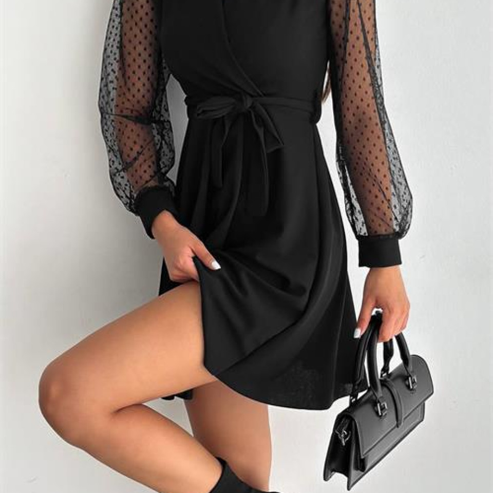 Mode Roy kadın siyah bağlama detaylı tül detaylı kloş elbise KKLF33